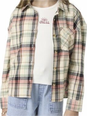 O'Neill Coral, Beige and Green Plaid Flannel Shirt